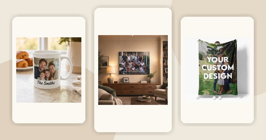 Personalized retirement gifts including a custom photo mug, family canvas, and folded photo blanket.