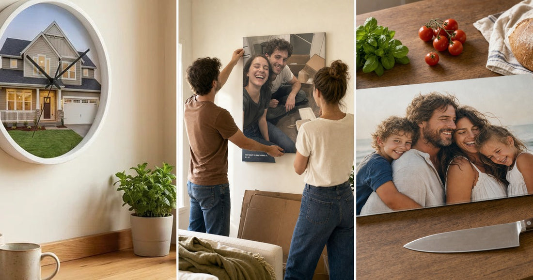 Personalized housewarming gifts including a custom photo clock, canvas print, and glass cutting board in a new home.