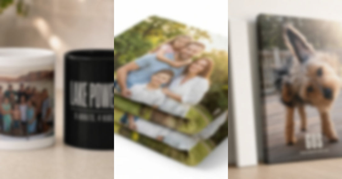 Personalized engagement gifts including coordinated photo mugs, a custom blanket, and a canvas for a newly engaged couple.