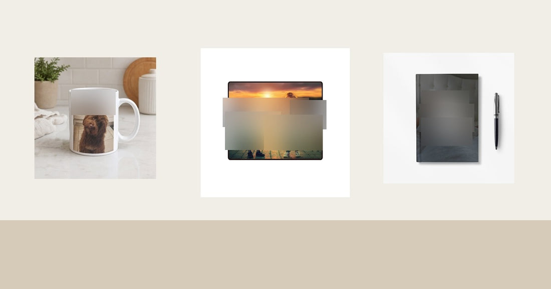 Personalized gifts for coworkers including a custom mug, desk mat, and journal in a neutral workspace.