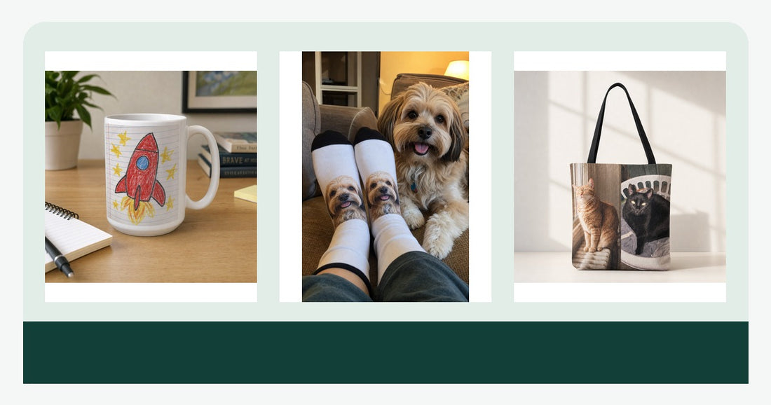 Personalized gifts for a sister including a custom mug, photo socks, and tote with thoughtful pet and original-art designs.