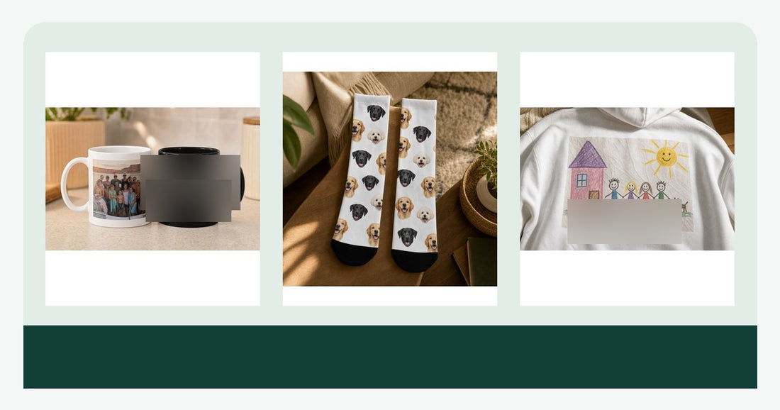 Personalized gifts for a brother including a custom mug, photo socks, and hoodie with pet, artwork, and shared-memory designs.