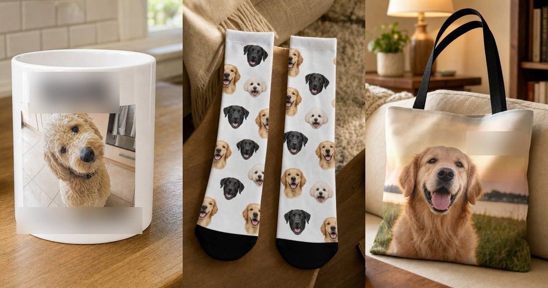 Personalized best friend gifts including a custom mug, photo socks, and tote with pet designs.