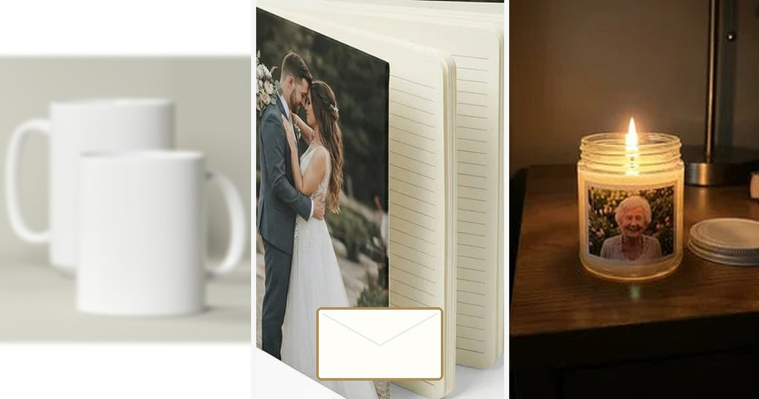 Personalized thank you gifts including a custom mug, journal, candle, and blank appreciation card.
