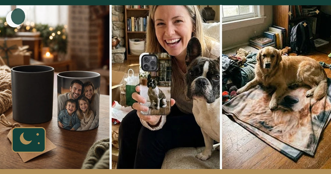 Personalized Halloween gifts including a color-changing photo mug, custom phone case, and photo blanket.