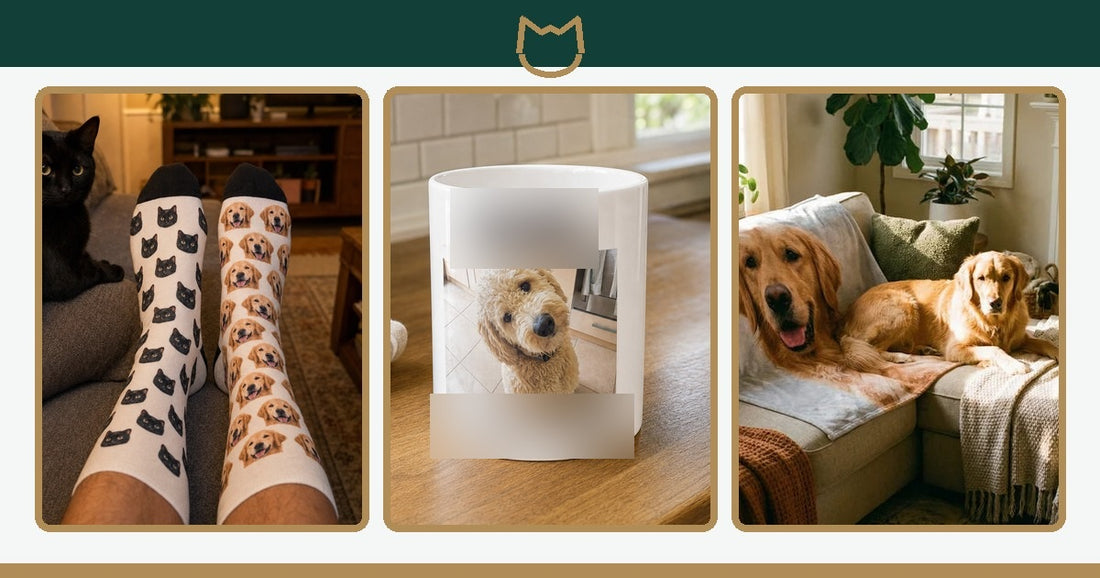 Personalized gifts for cat lovers including custom cat photo socks, a ceramic mug, and a photo blanket.