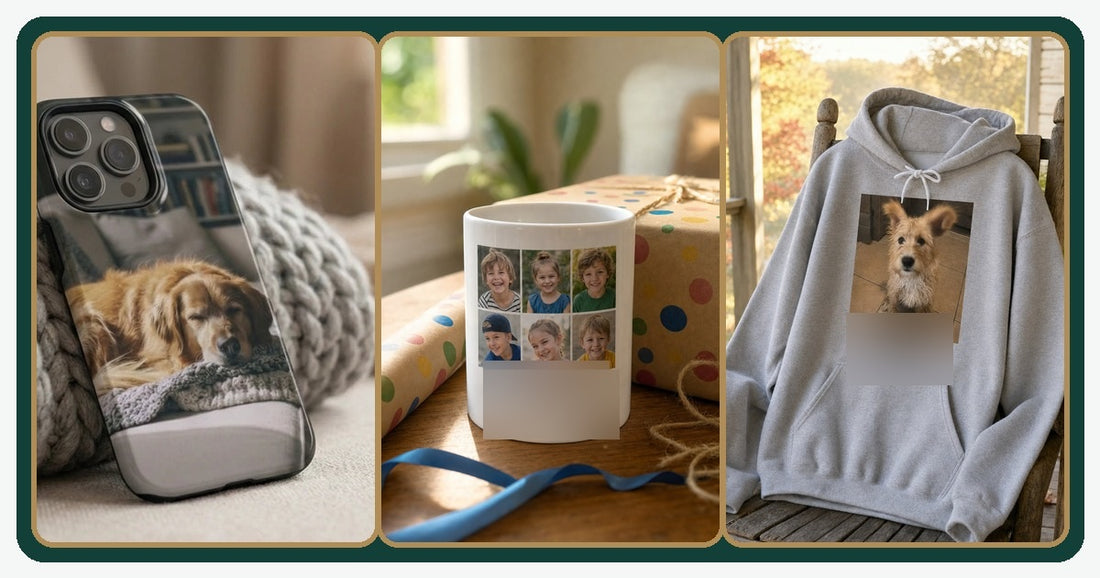 Personalized gifts for a husband including a custom photo phone case, ceramic mug, and hoodie.