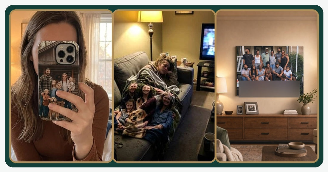 Personalized gifts for a wife including a custom photo phone case, blanket, and canvas print.