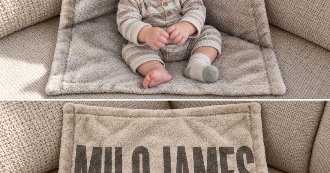 Custom baby lovey blanket printed with a name and photo shown flat in a nursery setting.