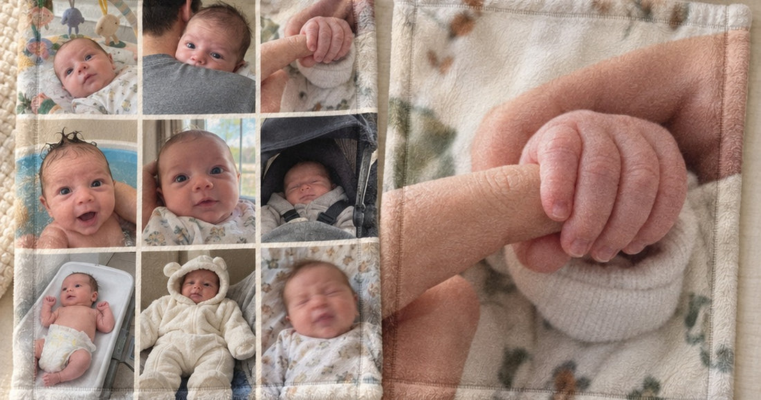 Close view of a custom baby lovey blanket with a photo on one side and a printed name on the other.