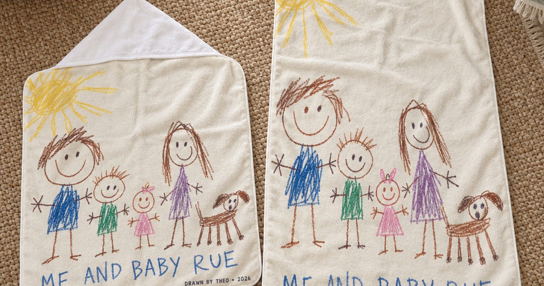 Baby and Kids custom hooded towels shown side by side with personalized designs across the towel bodies.