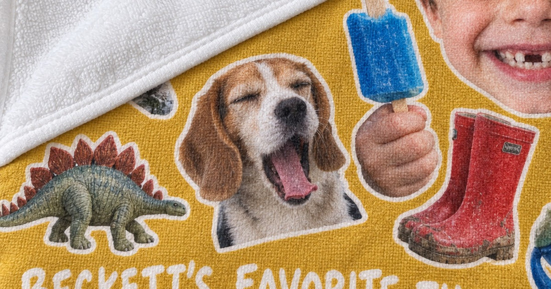 Close view of a photo and name arranged across the printed body of a custom hooded towel with a plain hood.