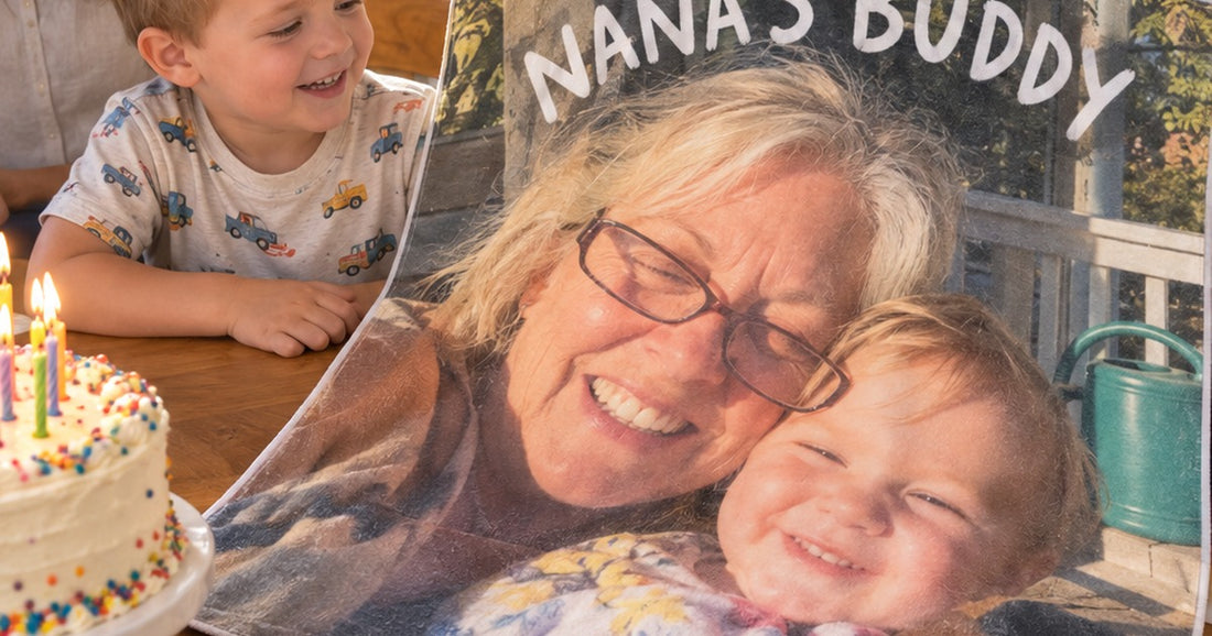 Personalized hooded towel prepared as a gift with a child's name and photo visible across the towel body.