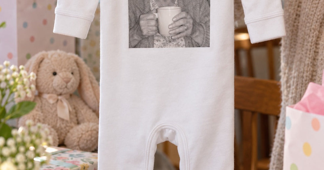 White long-legged baby bodysuit personalized with a family photo and displayed with a stuffed rabbit and gift bags.