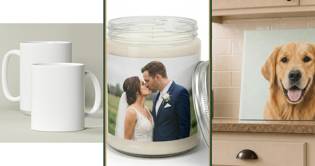 Personalized hostess gift ideas with a custom mug, photo candle, and glass cutting board.