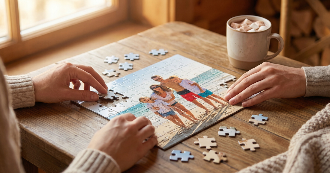 Partially assembled custom photo puzzle featuring a family picture, with the matching custom puzzle box nearby on a clean table in soft natural light for an evergreen Custom Envy blog hero.