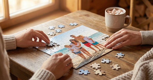 Partially assembled custom photo puzzle featuring a family picture, with the matching custom puzzle box nearby on a clean table in soft natural light for an evergreen Custom Envy blog hero.
