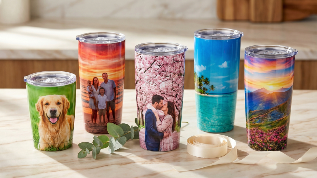 Five personalized stainless steel tumblers displayed on a warm marble surface with full-wrap photo and graphic designs