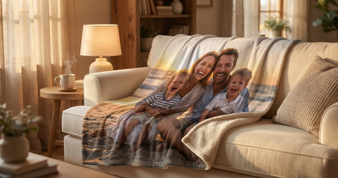 Personalized photo blanket draped over a couch with the custom print visible in warm natural light.