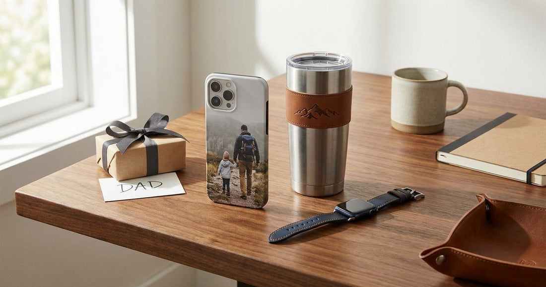 Practical personalized Father's Day gift setup with a custom phone case, tumbler, mug, and watch band styled on a warm desk beside a wrapped gift for Dad.