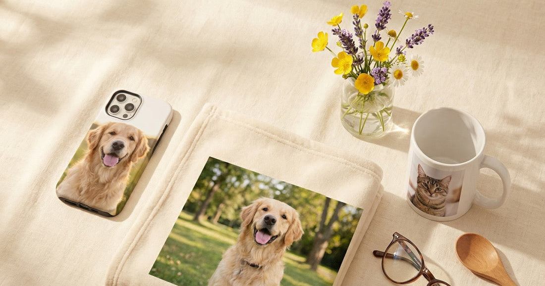 Personalized pet memorial photo gift with a custom blanket and framed dog or cat photo in soft home light.