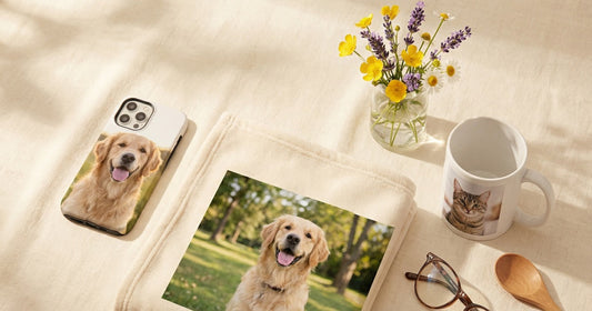 Personalized pet memorial photo gift with a custom blanket and framed dog or cat photo in soft home light.