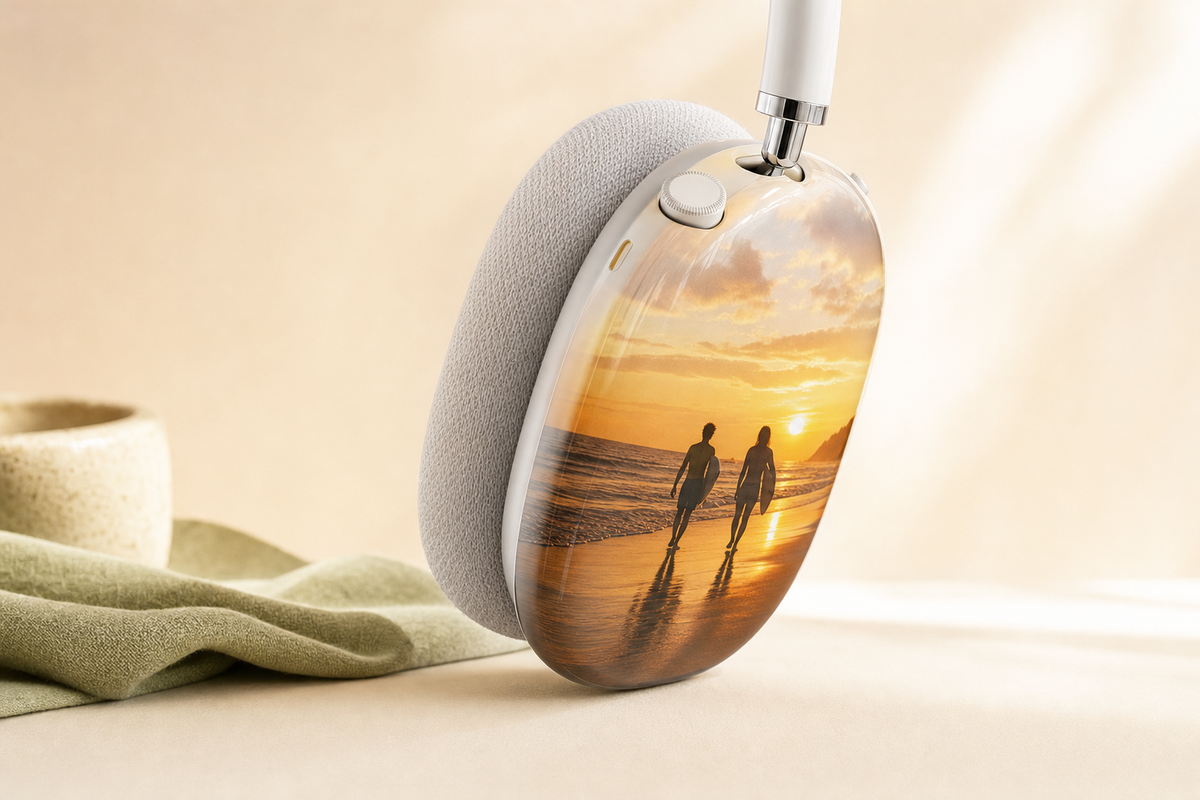 A custom AirPods Max shell cover mounted over the ear cup, showing the slim shell and digital crown