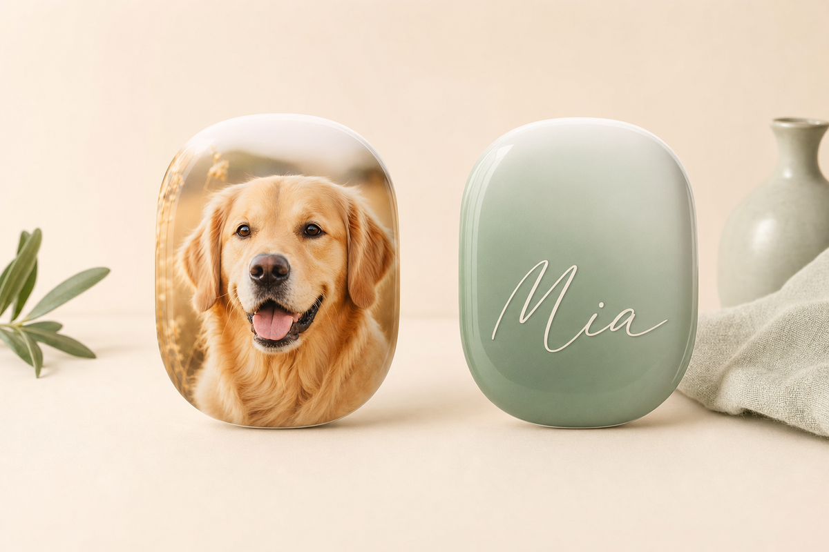 Two custom AirPods Max shell covers side by side, each with a different design