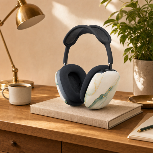 Custom AirPods Max shell case with a marble design, resting on a sketchbook on a warm desk