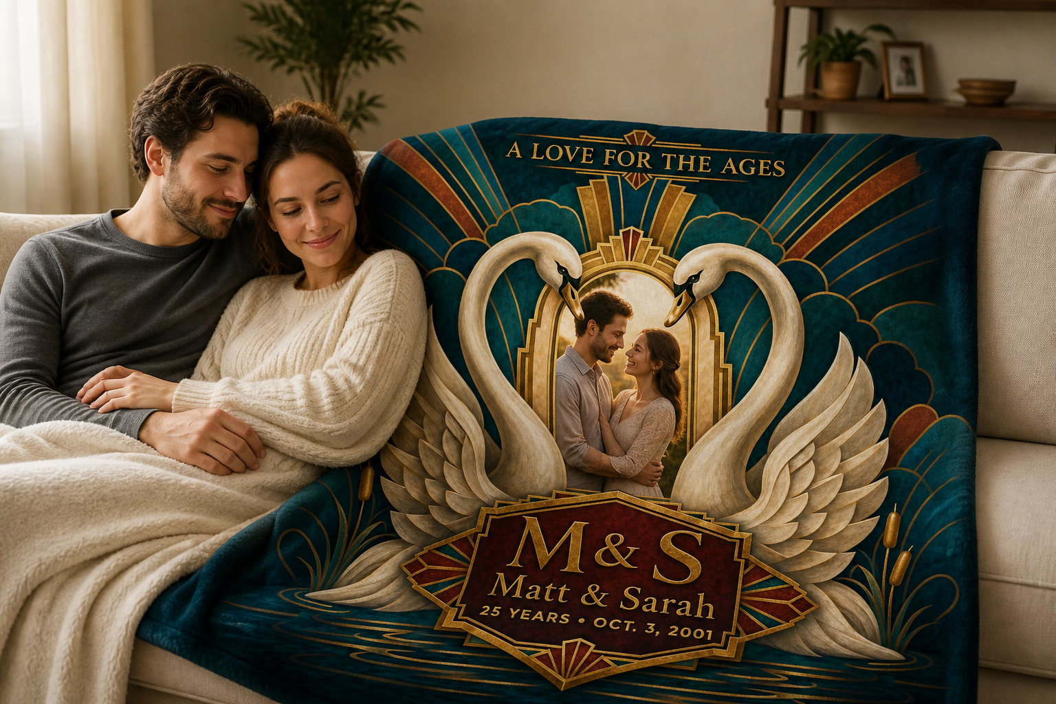 Personalized anniversary blanket on the couch at home
