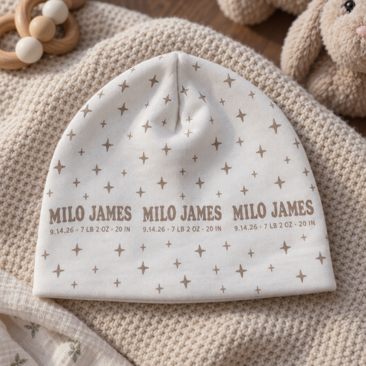 Custom Baby Beanie printed with a personalized design, laid out in a warm nursery scene