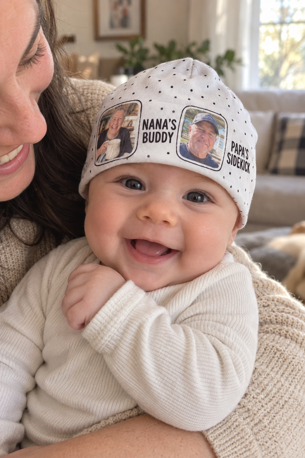 Custom Baby Beanie in everyday use with the personalized design visible (03-lifestyle.png)