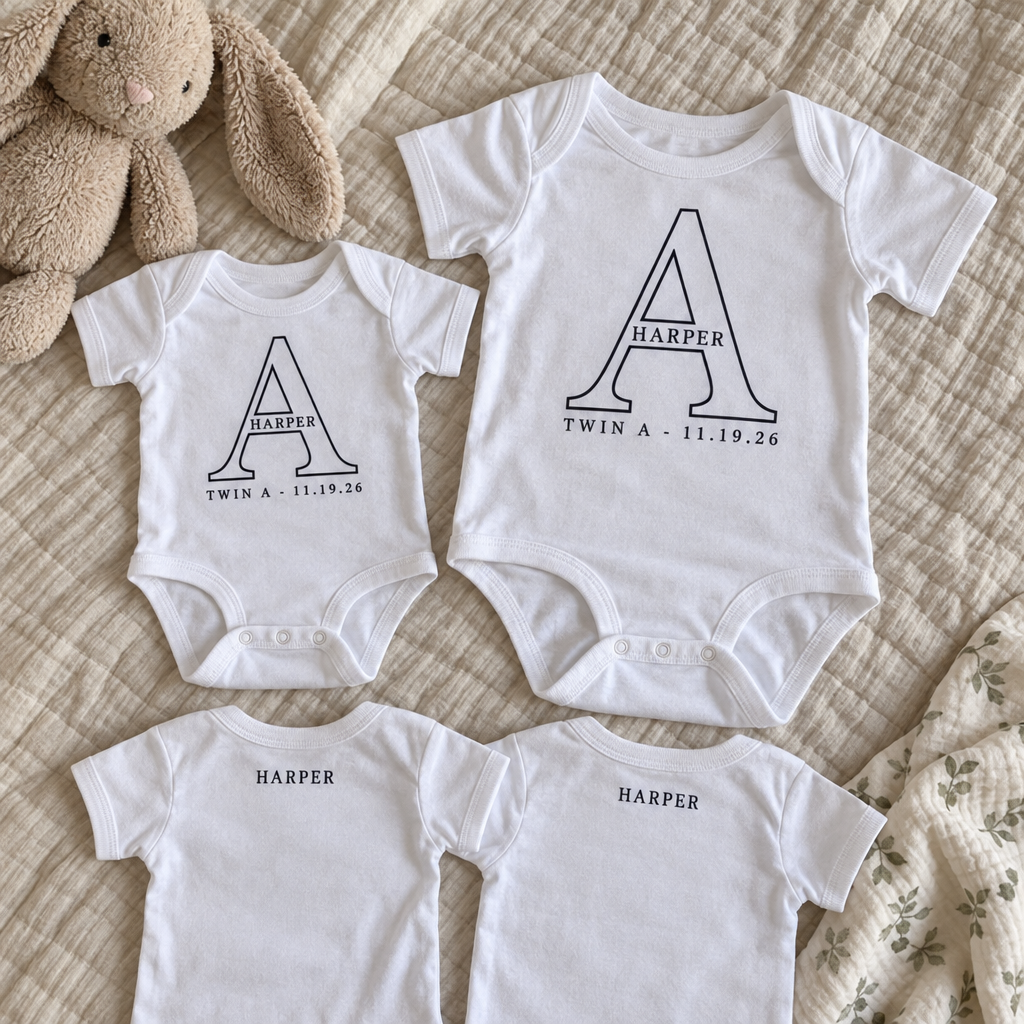 A newborn size baby bodysuit laid flat beside a 24M bodysuit carrying the same printed design