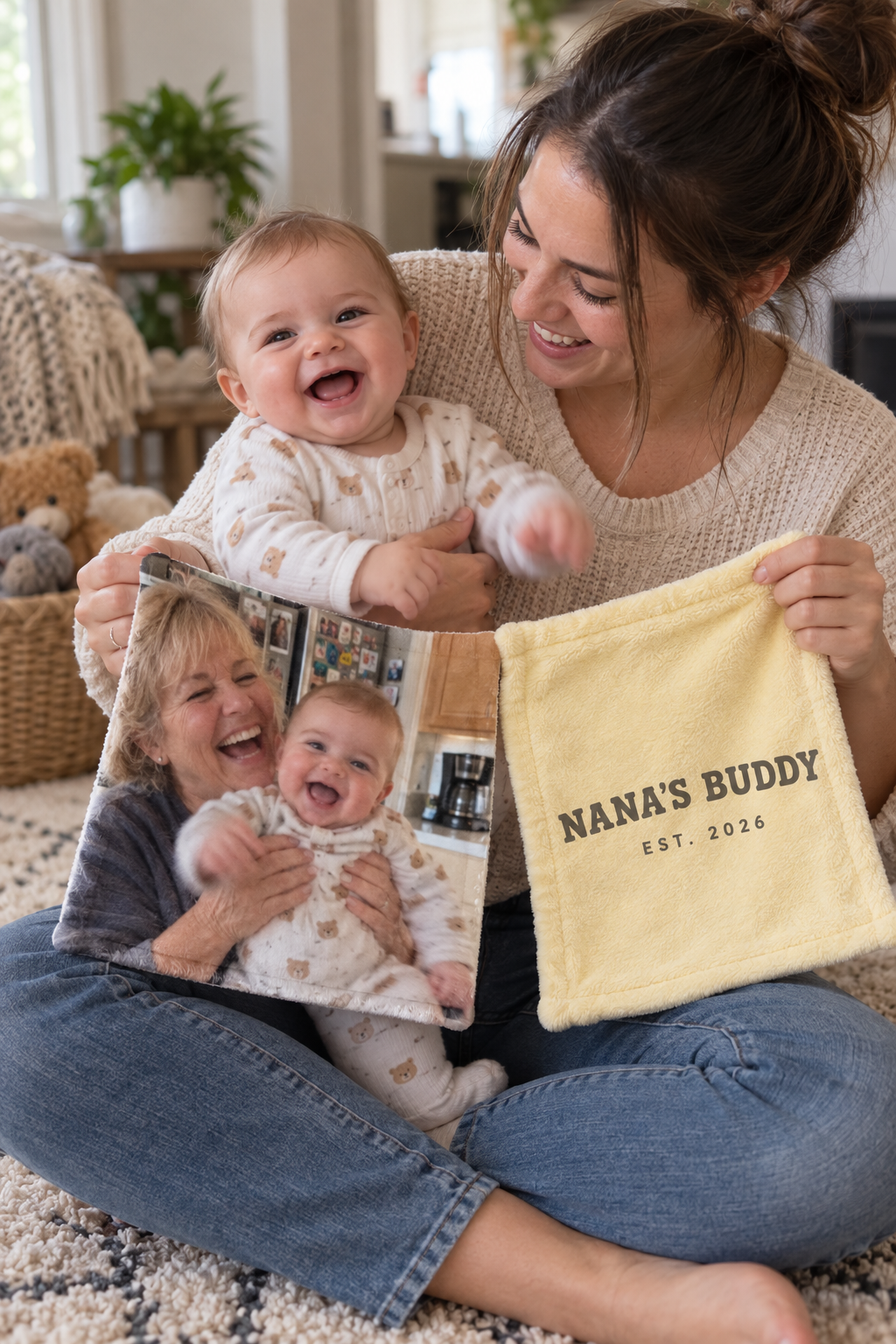 Custom Baby Lovey Blanket in everyday use with the personalized design visible (03-lifestyle.png)
