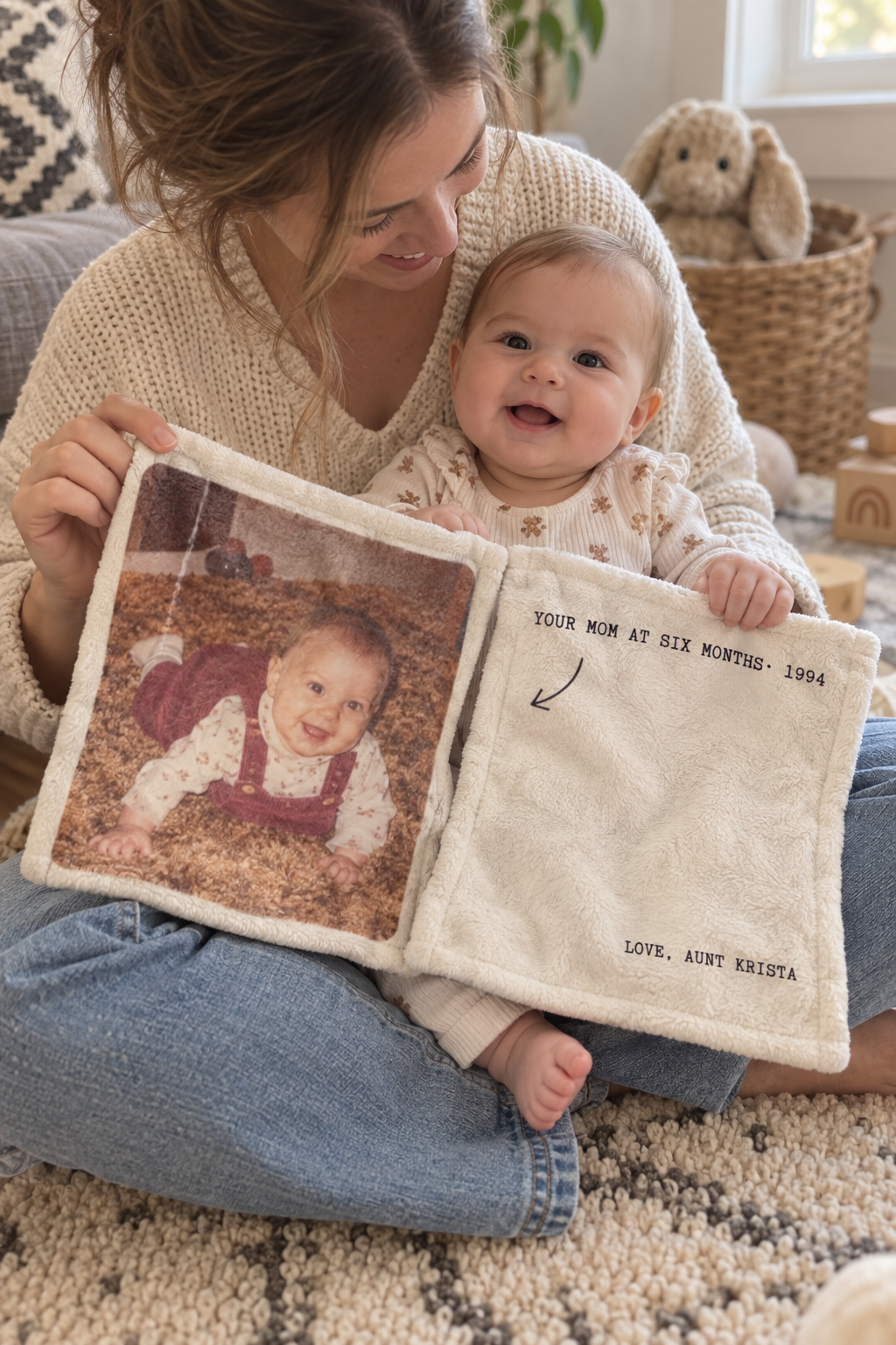 A custom baby lovey blanket printed edge to edge with a family photo