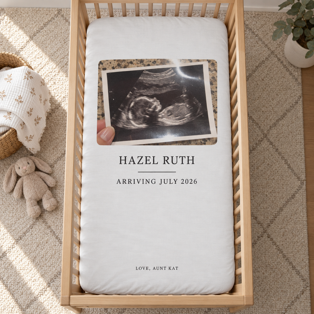 A custom fitted crib sheet on a standard crib mattress showing the full printed surface