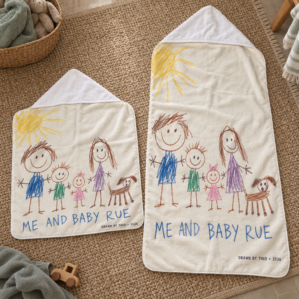 A baby hooded towel and a kids hooded towel side by side carrying the same printed design