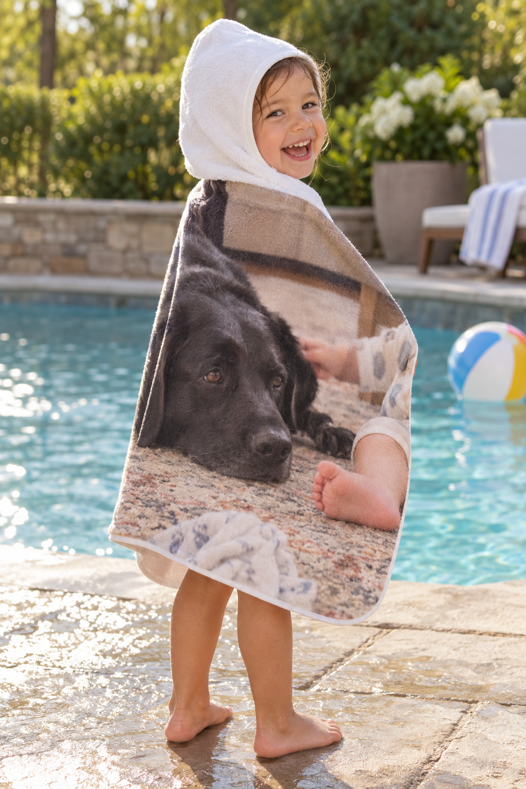 A kid at the pool wearing a hooded towel printed edge to edge with a candid photo of the family dog