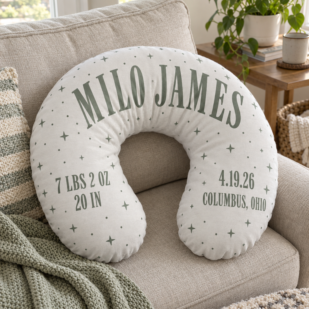 Custom Nursing Pillow Cover printed with a personalized design, laid out in a warm nursery scene