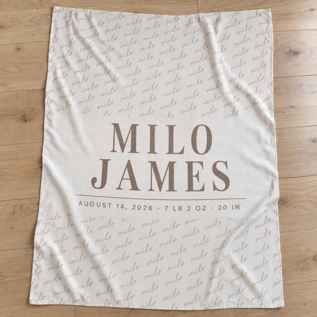 Custom Baby Swaddle Blanket personalized with a photo and name, laid out in a warm nursery scene (01-hero.png)