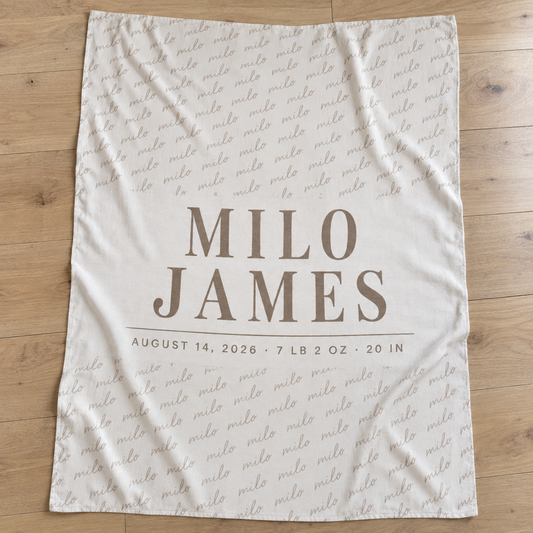 Custom Baby Swaddle Blanket printed with a personalized design, laid out in a warm nursery scene