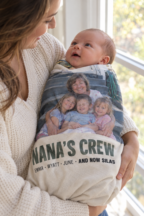Custom baby swaddle blanket printed with a name and birth date