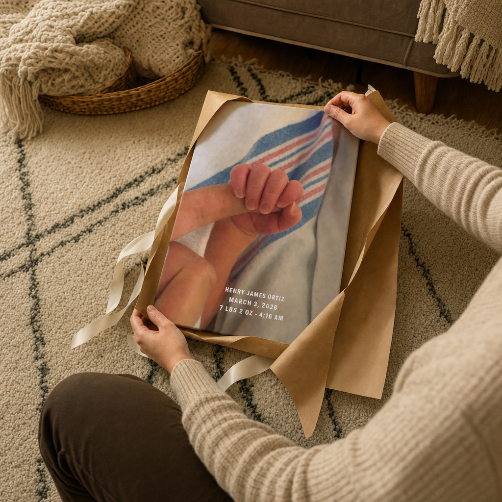 A canvas print gift with a newborn photo and birth details being unwrapped from kraft paper