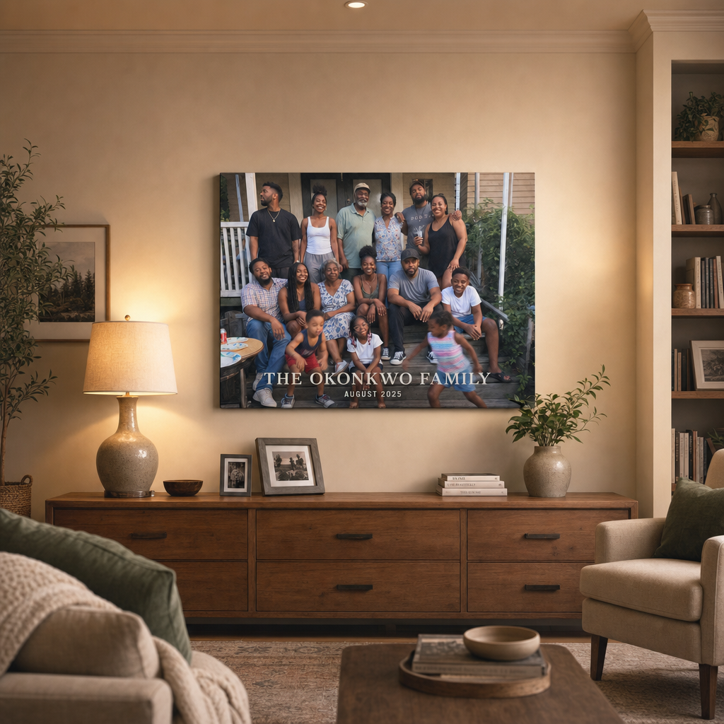 Custom canvas print of a candid family reunion photo with the family name and date printed on it, hanging in a warm living room