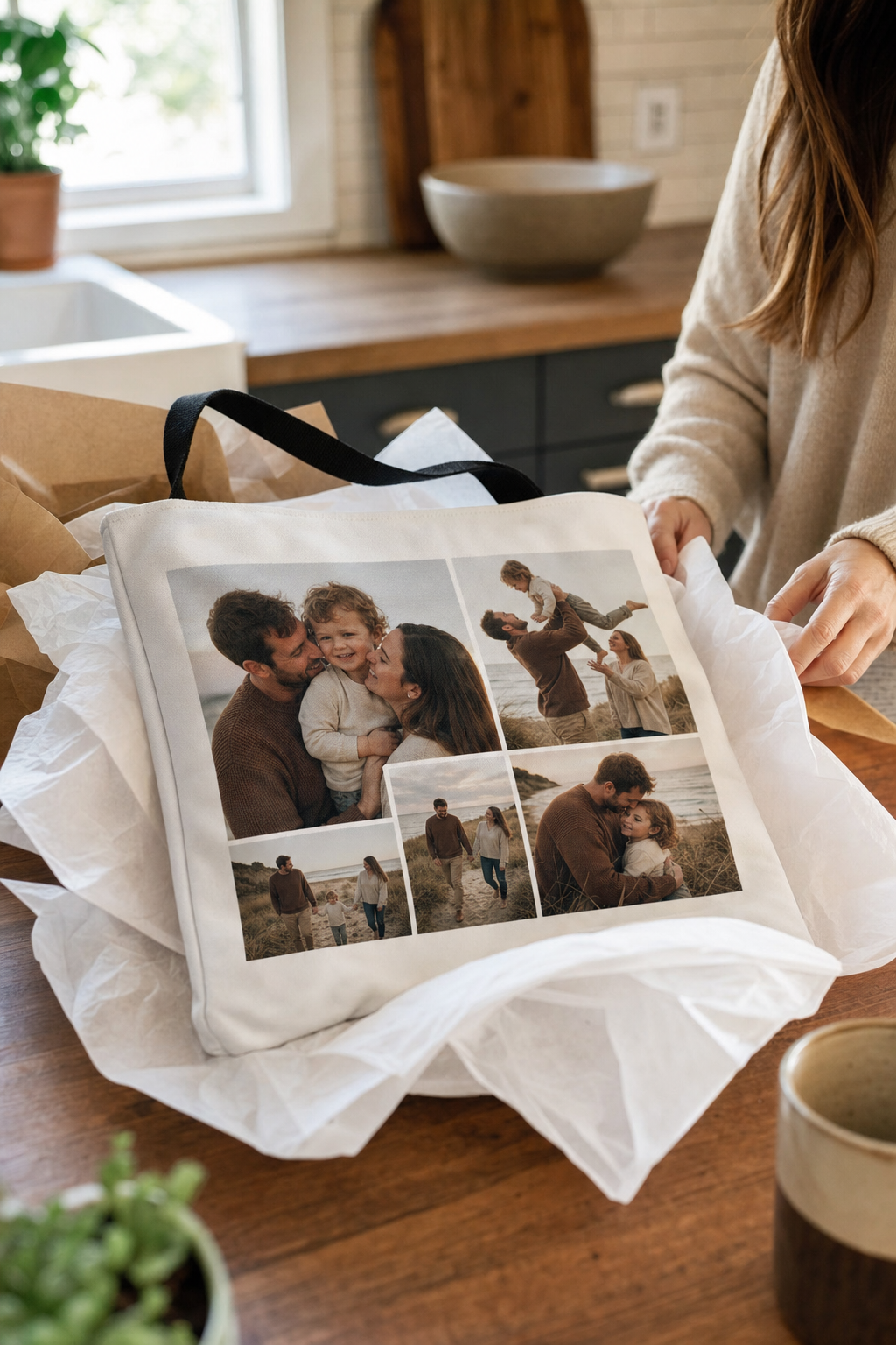 A full-coverage tote printed with a five-photo family collage, unwrapped from tissue paper