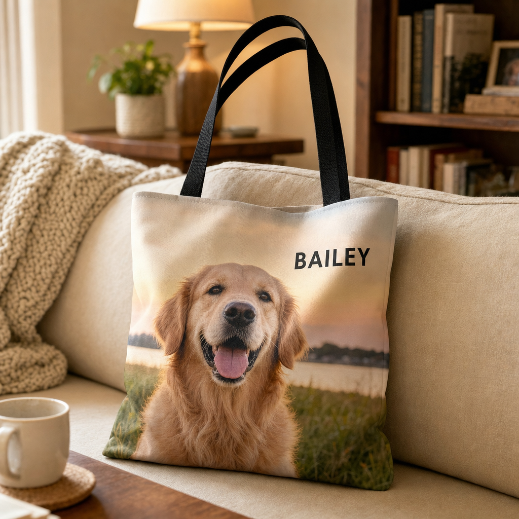 Everyday tote printed edge to edge with a candid golden retriever photo and the name Bailey, leaning on a reading-nook sofa