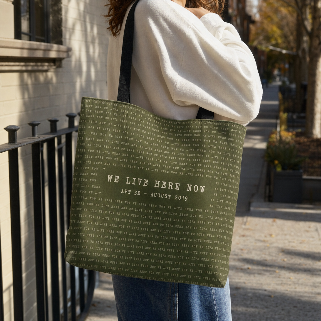 Everyday tote carried on a city sidewalk with an all-over repeated text design reading We Live Here Now