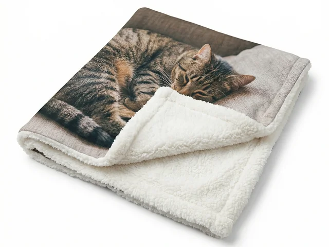 A photo blanket printed with a sleeping cat, folded to show the plush sherpa back