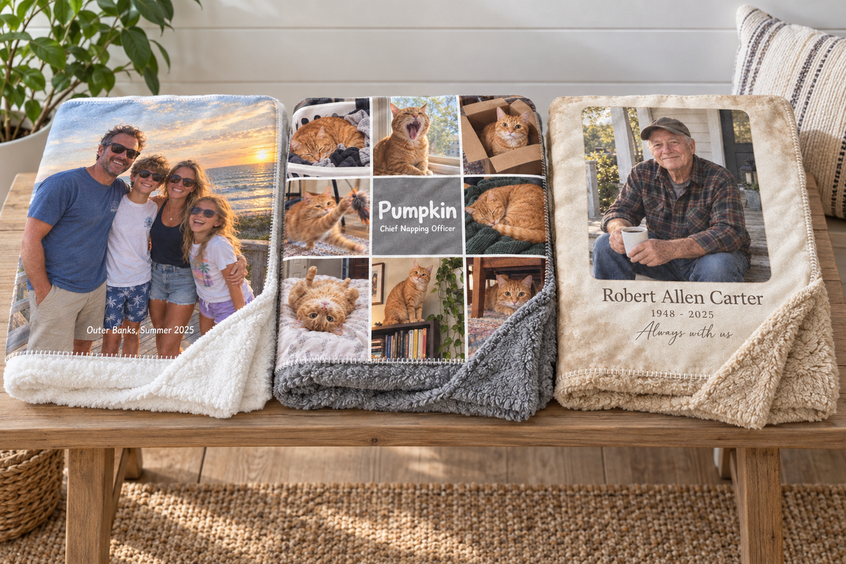 Three folded sherpa photo blankets showing the White, Gray, and Tan plush backs