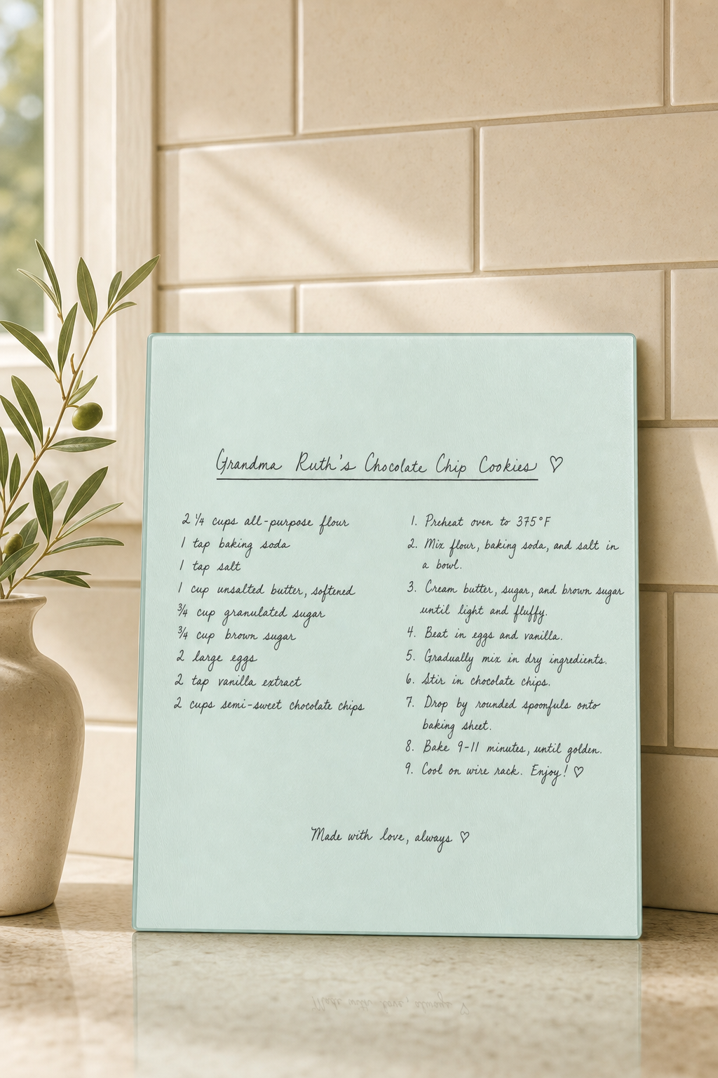 Personalized glass cutting board with a handwritten family recipe, standing on a kitchen counter